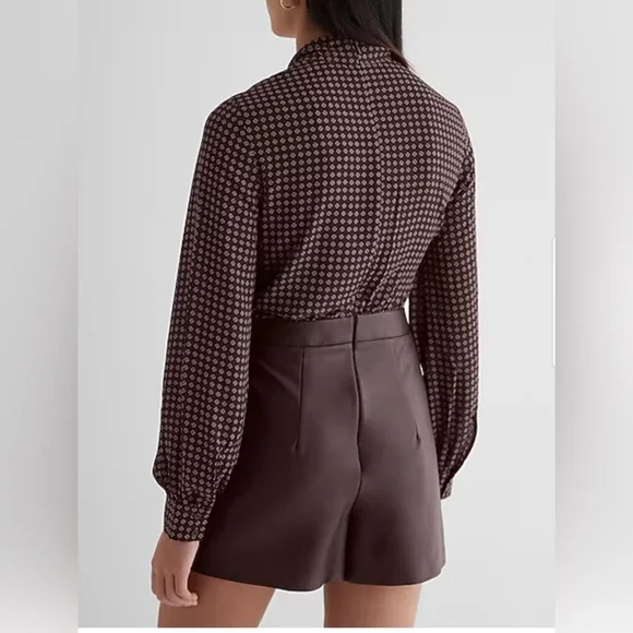 Express Printed Faux Leather Tie Neck Long Sleeve Romper XS
